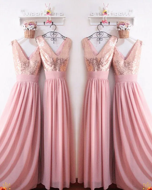 Rose Gold Sequins Dusty Pink Chiffon Bridesmaid Dresses Ruffles V-Neck Floor Length
