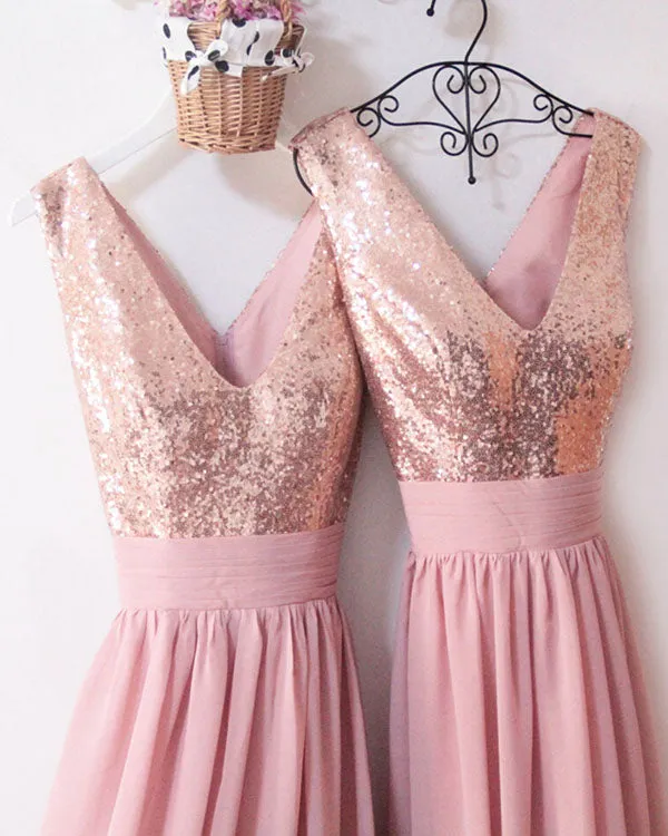 Rose Gold Sequins Dusty Pink Chiffon Bridesmaid Dresses Ruffles V-Neck Floor Length