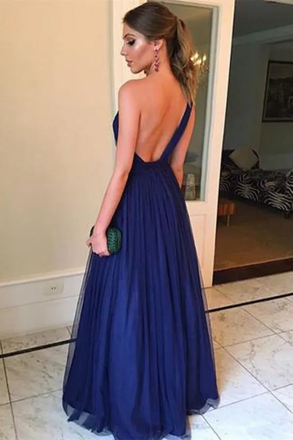 Royal Blue A-line Tulle One Shoulder Floor-length Long Prom Dresses, SP378