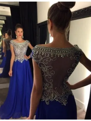 royal blue beaded prom dresses 2020 vestido de festa de Longo crystals chiffon cap sleeve elegant prom gown