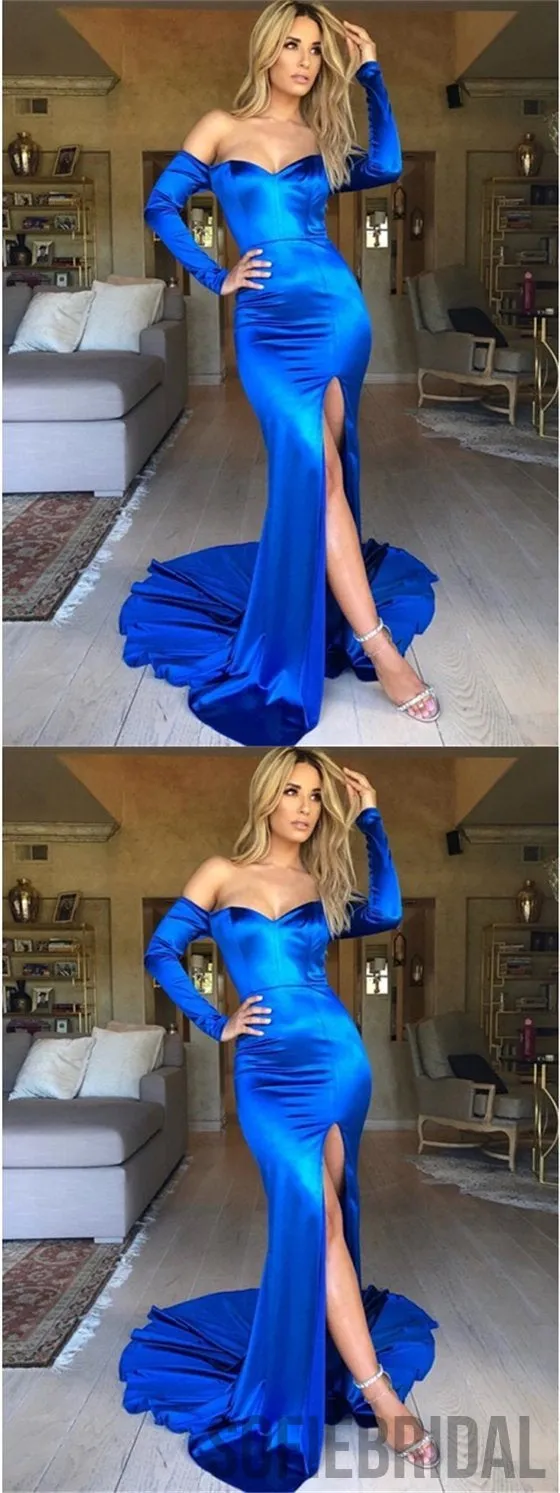 Royal Blue Prom Dresses, Mermaid Satin Prom Dresses, Long Sleeve Prom Dresses, Prom Dresses, PD0610