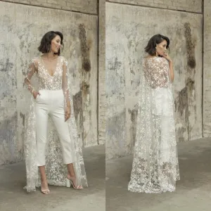 Roycebridal 2024 Wedding Jumpsuit With Cape Beach Wedding Dresses V Neck Tea Length Lace Bridal Outfit Wedding Gowns