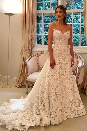 Roycebridal Beautiful Ivory Lace A-line Strapless Boho Wedding Dresses With Bowtie, MW866