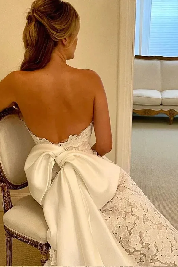Roycebridal Beautiful Ivory Lace A-line Strapless Boho Wedding Dresses With Bowtie, MW866