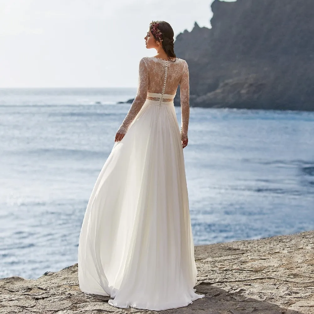Roycebridal Bohemian Wedding Dress 2021 Long Sleeve V-Neck Floor Length Chiffon A-Line lace Back Bridal Gowns  With Belt Charming For Women