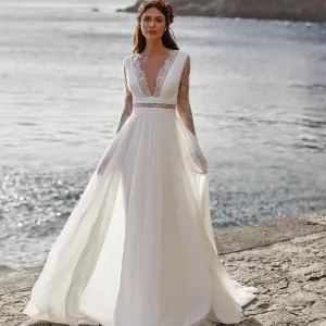 Roycebridal Bohemian Wedding Dress 2021 Long Sleeve V-Neck Floor Length Chiffon A-Line lace Back Bridal Gowns  With Belt Charming For Women