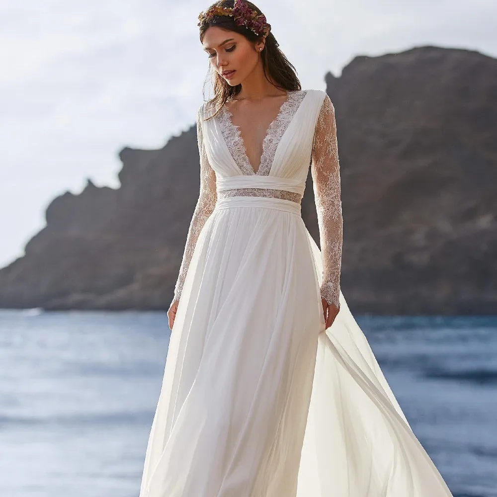 Roycebridal Bohemian Wedding Dress 2021 Long Sleeve V-Neck Floor Length Chiffon A-Line lace Back Bridal Gowns  With Belt Charming For Women