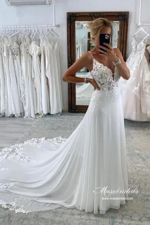 Roycebridal Chiffon A-line Spaghetti Straps Lace Appliques Court Train Wedding Dress, MW893