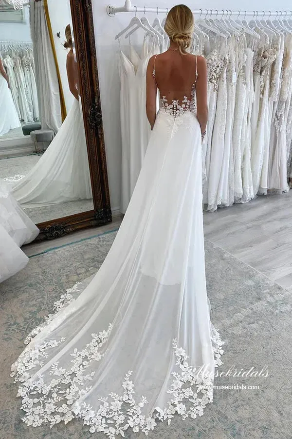 Roycebridal Chiffon A-line Spaghetti Straps Lace Appliques Court Train Wedding Dress, MW893