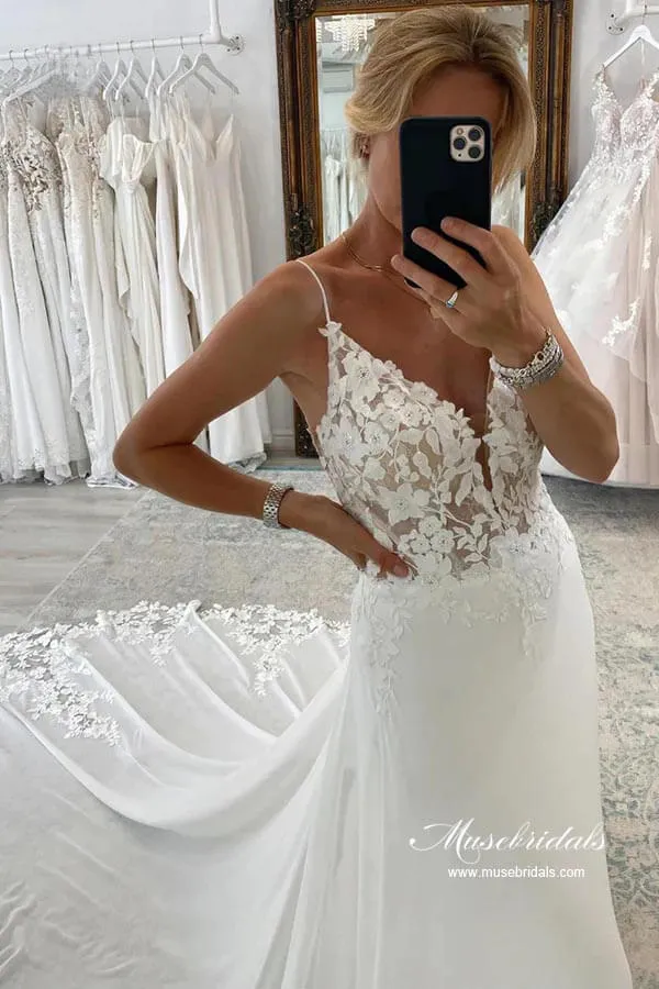 Roycebridal Chiffon A-line Spaghetti Straps Lace Appliques Court Train Wedding Dress, MW893