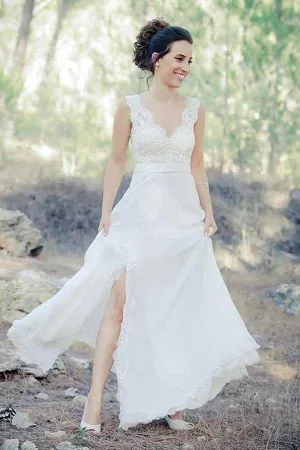Roycebridal Chiffon A-line V-neck Beach Wedding Dress With Train, Lace Wedding Gown, MW737