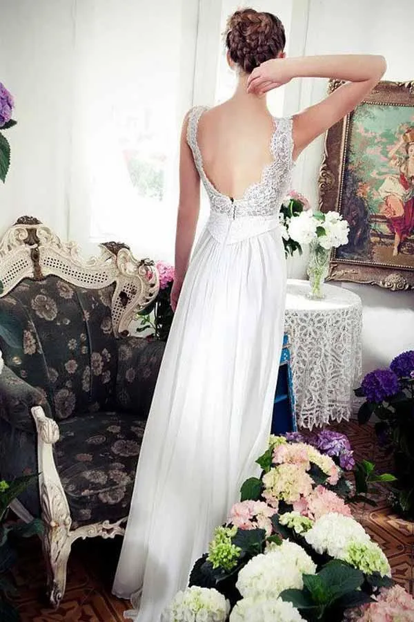 Roycebridal Chiffon A-line V-neck Beach Wedding Dress With Train, Lace Wedding Gown, MW737