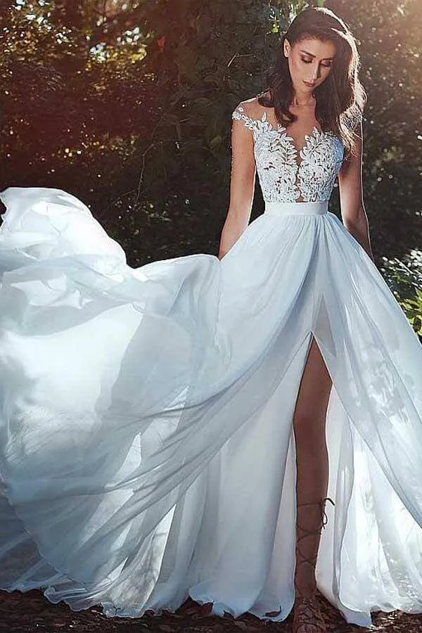 Roycebridal Chiffon A-line V-neck Lace Appliques Wedding Dress With Slit, Bridal Gown, MW784