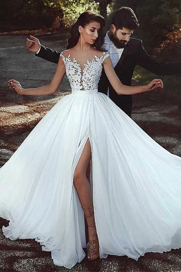 Roycebridal Chiffon A-line V-neck Lace Appliques Wedding Dress With Slit, Bridal Gown, MW784