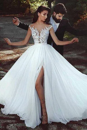 Roycebridal Chiffon A-line V-neck Lace Appliques Wedding Dress With Slit, Bridal Gown, MW784
