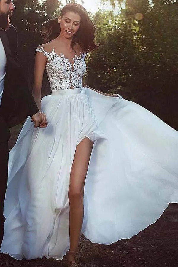 Roycebridal Chiffon A-line V-neck Lace Appliques Wedding Dress With Slit, Bridal Gown, MW784