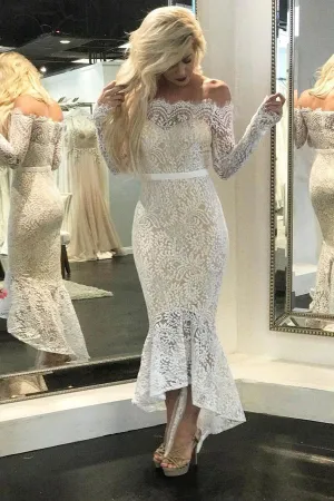 Roycebridal Cocktail Off Shoulder Lace Mermaid Short Beach Wedding Dresses, MW249