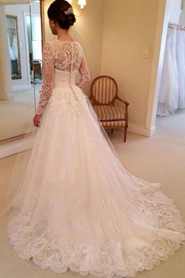 Roycebridal Fabulous A-line V-neck Long Sleeves Court Train Wedding Dresses With Appliques, MW107