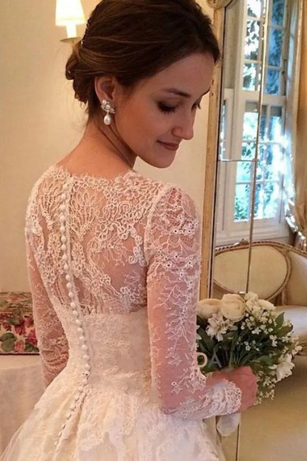 Roycebridal Fabulous A-line V-neck Long Sleeves Court Train Wedding Dresses With Appliques, MW107