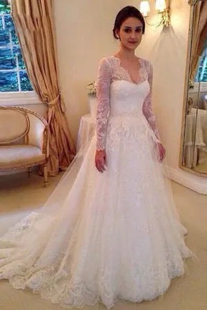 Roycebridal Fabulous A-line V-neck Long Sleeves Court Train Wedding Dresses With Appliques, MW107