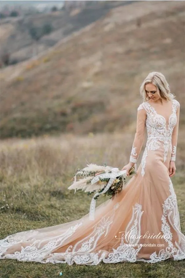 Roycebridal Gorgeous Tulle Mermaid Long Sleeves Wedding Dresses With Appliques, MW967