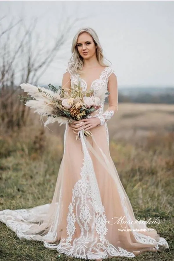 Roycebridal Gorgeous Tulle Mermaid Long Sleeves Wedding Dresses With Appliques, MW967