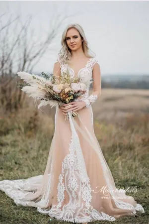 Roycebridal Gorgeous Tulle Mermaid Long Sleeves Wedding Dresses With Appliques, MW967
