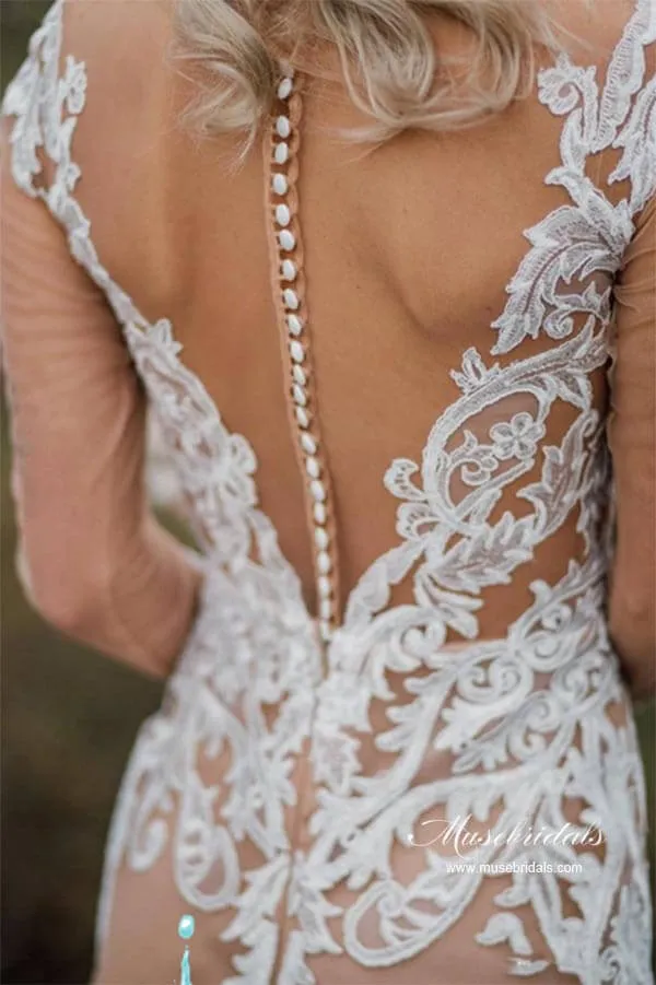 Roycebridal Gorgeous Tulle Mermaid Long Sleeves Wedding Dresses With Appliques, MW967