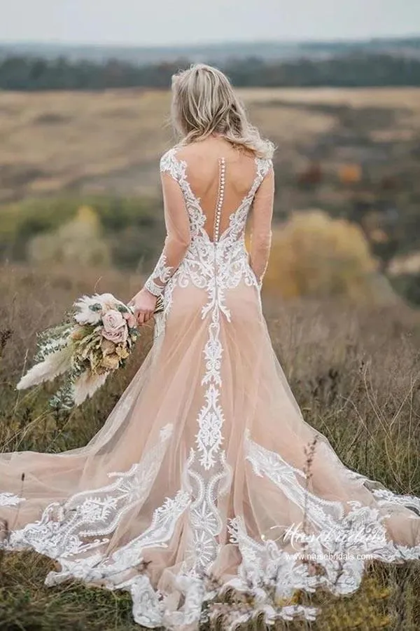 Roycebridal Gorgeous Tulle Mermaid Long Sleeves Wedding Dresses With Appliques, MW967