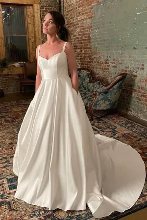 Roycebridal Ivory Satin Spaghetti Straps Simple Wedding Dresses With Court Train, MW848