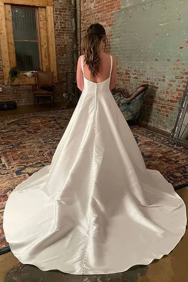 Roycebridal Ivory Satin Spaghetti Straps Simple Wedding Dresses With Court Train, MW848