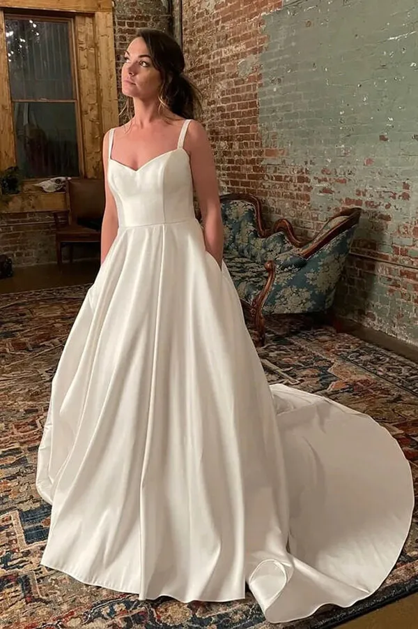 Roycebridal Ivory Satin Spaghetti Straps Simple Wedding Dresses With Court Train, MW848