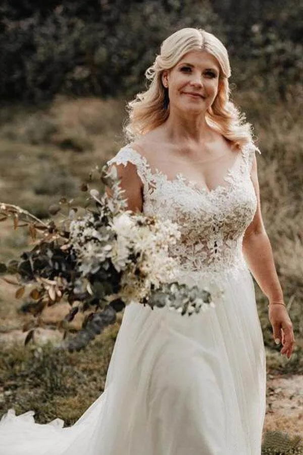 Roycebridal Ivory Tulle A-line Illusion Neck Wedding Dresses with Lace Appliques, MW573