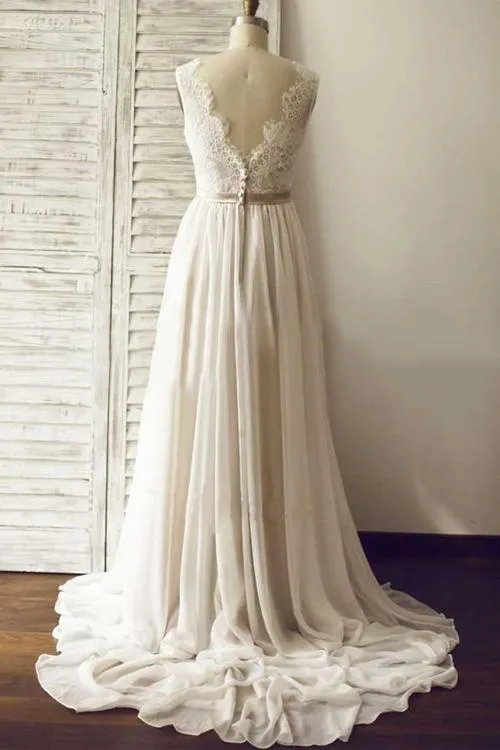 Roycebridal Ivory V-neck Open Back Sleeveless Lace Sash Wedding Dress with Sweep Train, MW176