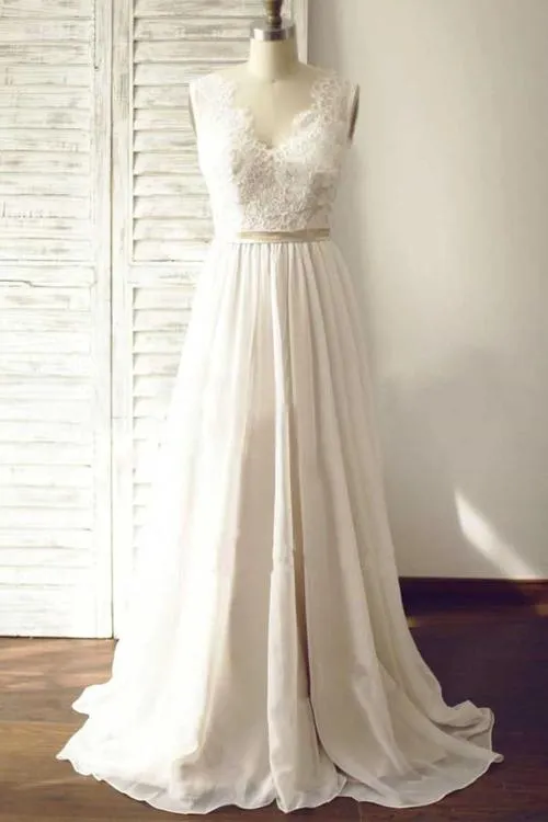 Roycebridal Ivory V-neck Open Back Sleeveless Lace Sash Wedding Dress with Sweep Train, MW176