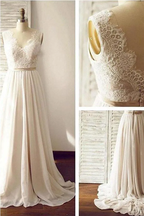 Roycebridal Ivory V-neck Open Back Sleeveless Lace Sash Wedding Dress with Sweep Train, MW176