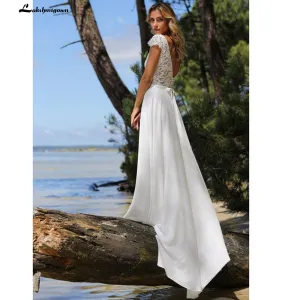 Roycebridal Lace Beach V Shape Back Sweep Train Short Sleeve Wedding Dresses With Belt Elegant robe de mariée bohème 2021 vestido boda