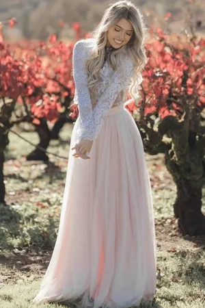 Roycebridal Lace Two Piece Long Sleeve Wedding Dresses Blush Pink Beach Wedding Dress,MW496