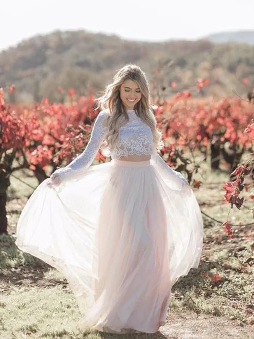 Roycebridal Lace Two Piece Long Sleeve Wedding Dresses Blush Pink Beach Wedding Dress,MW496