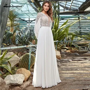 Roycebridal Lakshmigown Beach A Line Wedding Dress 2021 Lace Long Sleeve Sweep Train Chiffon Bridal Gowns with Zipper Back vestido de novia