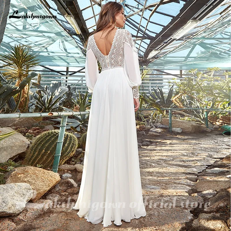 Roycebridal Lakshmigown Beach A Line Wedding Dress 2021 Lace Long Sleeve Sweep Train Chiffon Bridal Gowns with Zipper Back vestido de novia