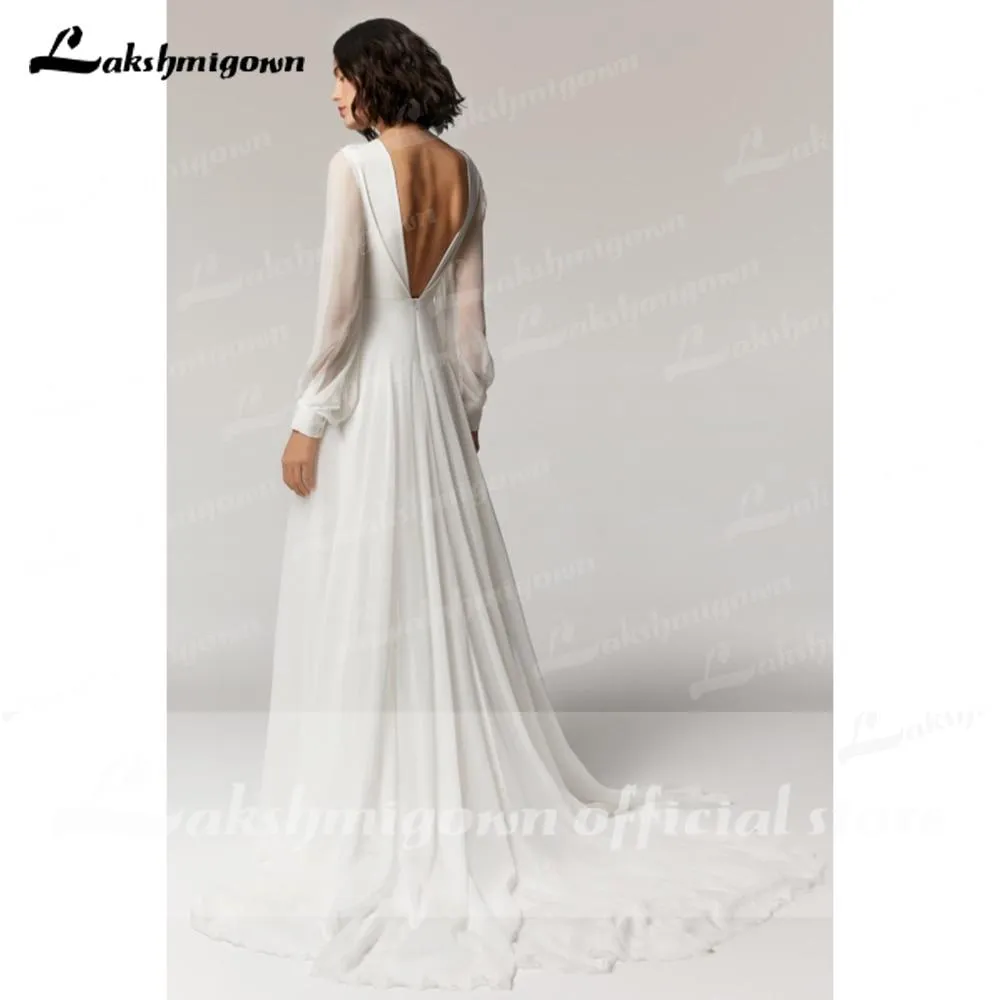Roycebridal Long Sleeve Backless Chiffon O Neck Beach Wedding Dresses