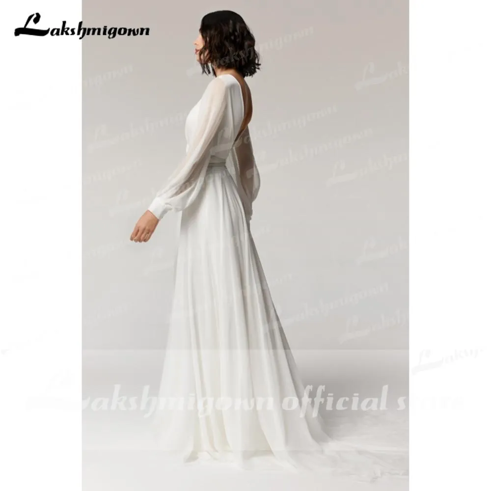 Roycebridal Long Sleeve Backless Chiffon O Neck Beach Wedding Dresses
