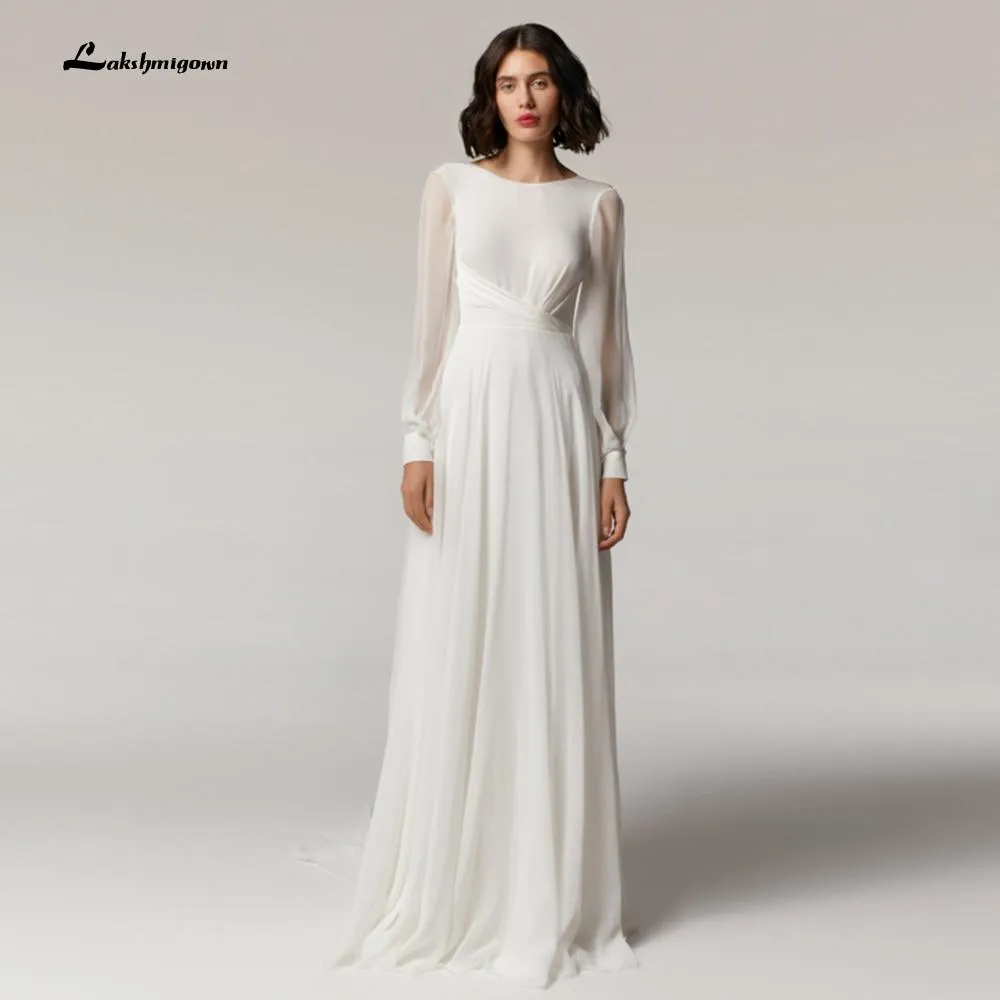 Roycebridal Long Sleeve Backless Chiffon O Neck Beach Wedding Dresses