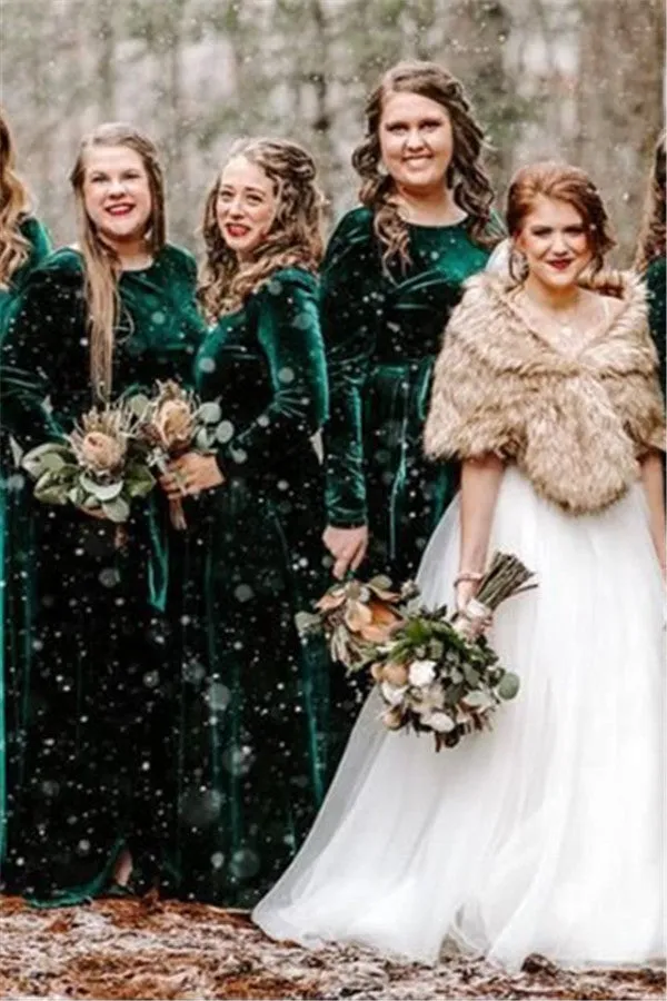 Roycebridal Mermaid Long Sleeves Green Velvet Bridesmaid Dresses