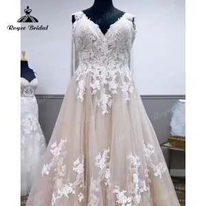 Roycebridal Robes De Mariage Gorgeous Plus Size V Neck Lace Appliques Backless Champagne Wedding Dress Vintage Vestidos Novia Wedding Gowns