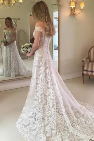 Roycebridal Rustic Boho Off the Shoulder Lace Wedding Dress,MW279