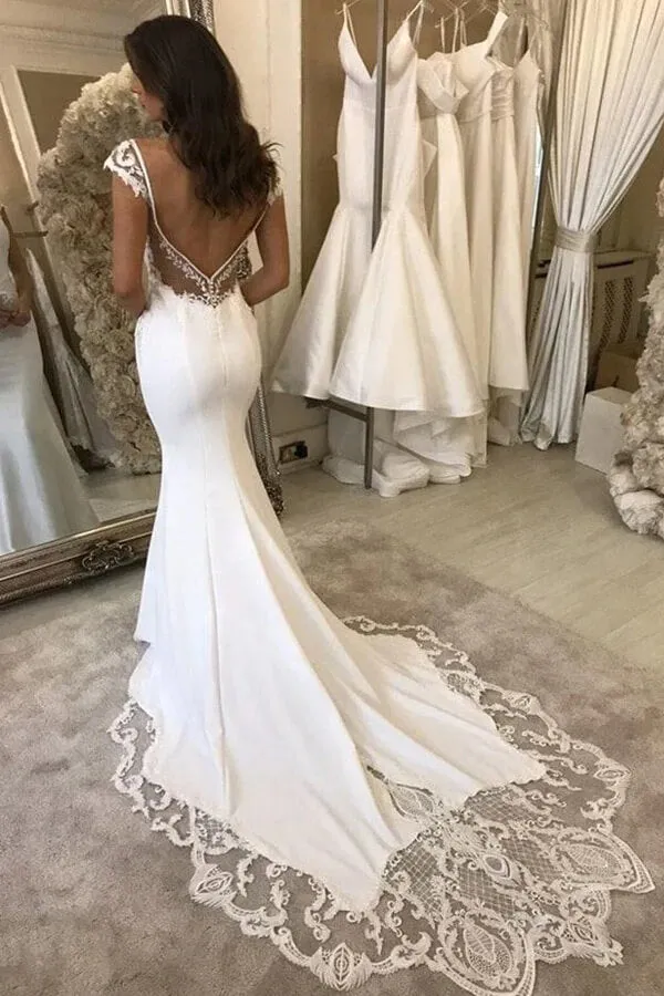 Roycebridal Satin Mermaid Lace V-neck Cap Sleeves Wedding Dresses With Appliques, MW703