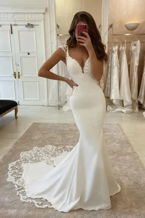 Roycebridal Satin Mermaid Lace V-neck Cap Sleeves Wedding Dresses With Appliques, MW703