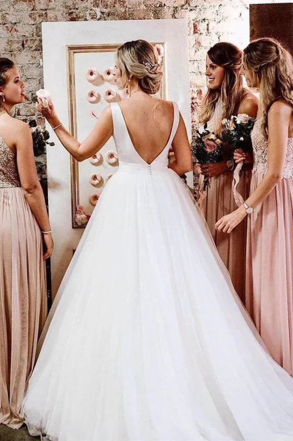 Roycebridal Satin Tulle A-Line Bateau Sleeveless Wedding Dresses With Bow, MW554
